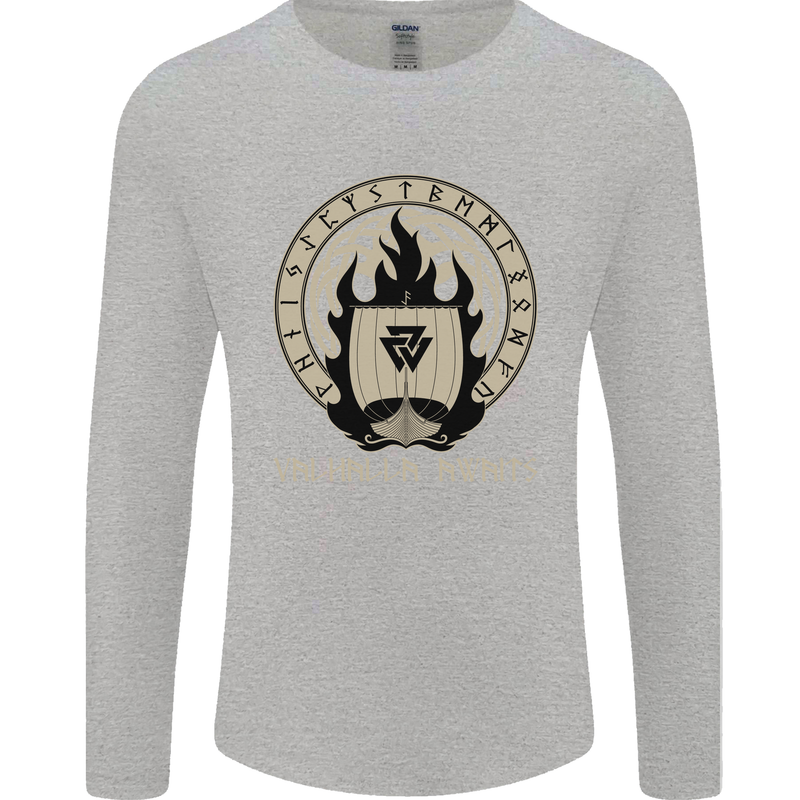 Vikings Valhalla Awaits Valknut Symbol Odin Mens Long Sleeve T-Shirt Sports Grey