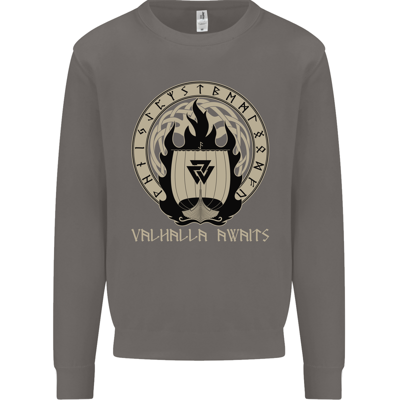 Vikings Valhalla Awaits Valknut Symbol Odin Mens Sweatshirt Jumper Charcoal