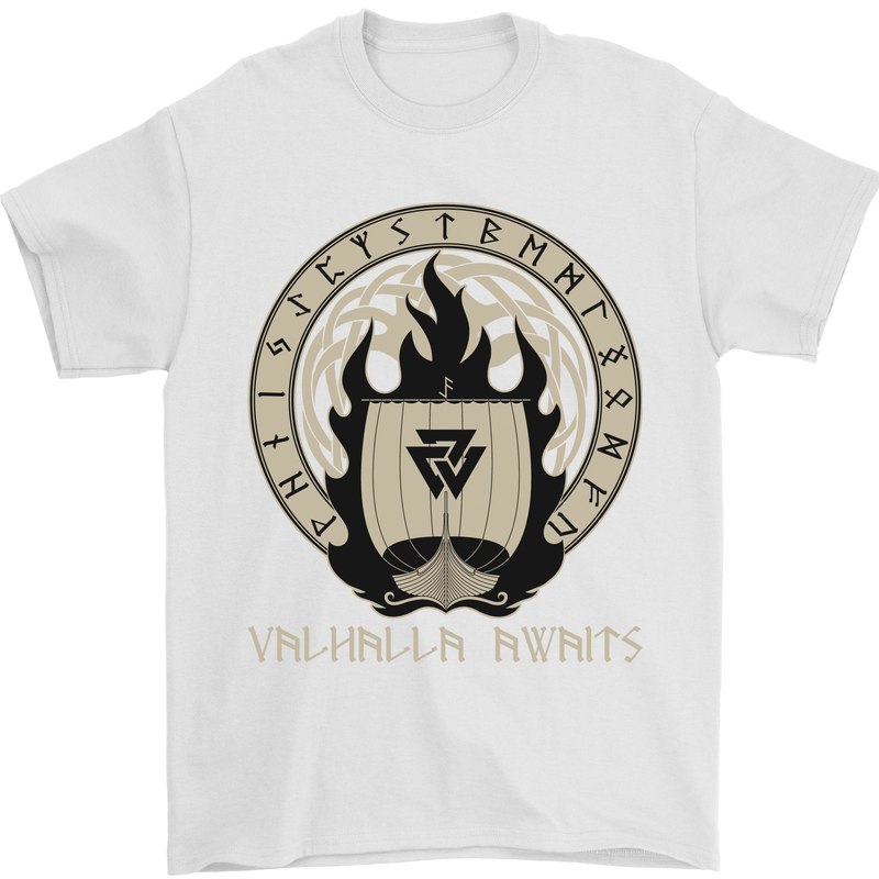 Vikings Valhalla Awaits Valknut Symbol Odin Mens T-Shirt Cotton Gildan White