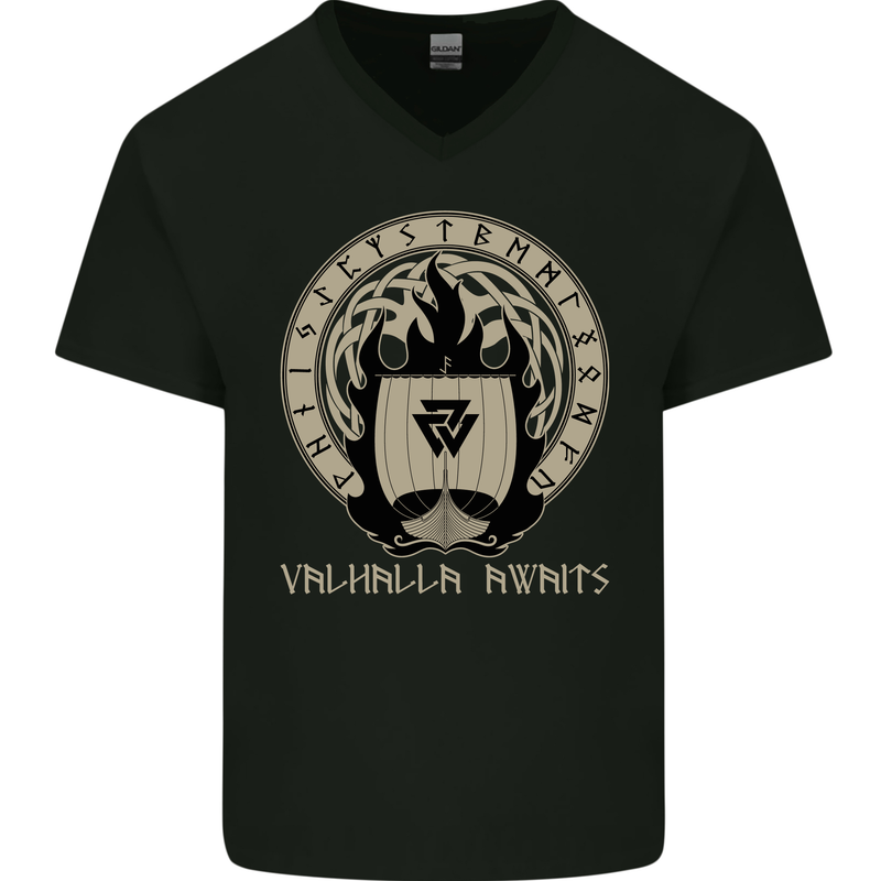 Vikings Valhalla Awaits Valknut Symbol Odin Mens V-Neck Cotton T-Shirt Black