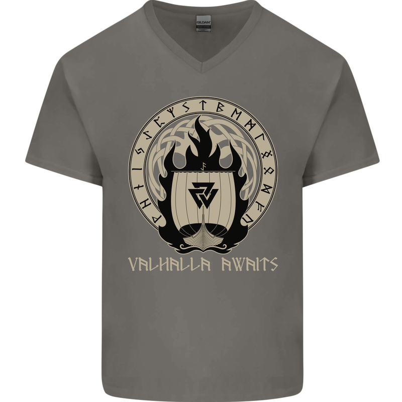 Vikings Valhalla Awaits Valknut Symbol Odin Mens V-Neck Cotton T-Shirt Charcoal