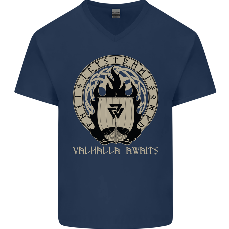 Vikings Valhalla Awaits Valknut Symbol Odin Mens V-Neck Cotton T-Shirt Navy Blue
