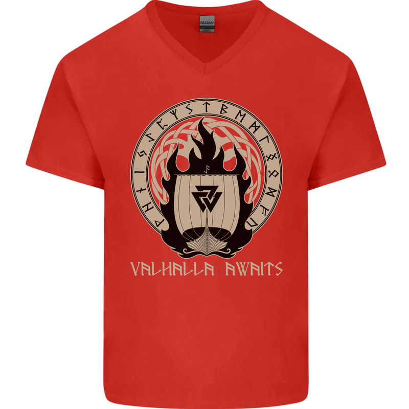 Vikings Valhalla Awaits Valknut Symbol Odin Mens V-Neck Cotton T-Shirt Red