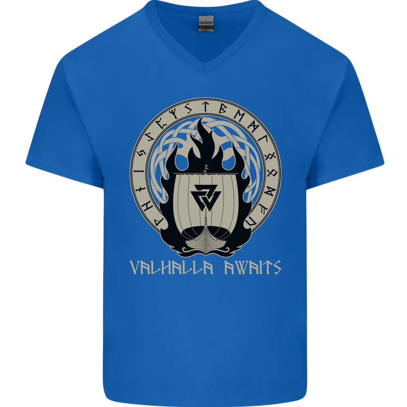 Vikings Valhalla Awaits Valknut Symbol Odin Mens V-Neck Cotton T-Shirt Royal Blue