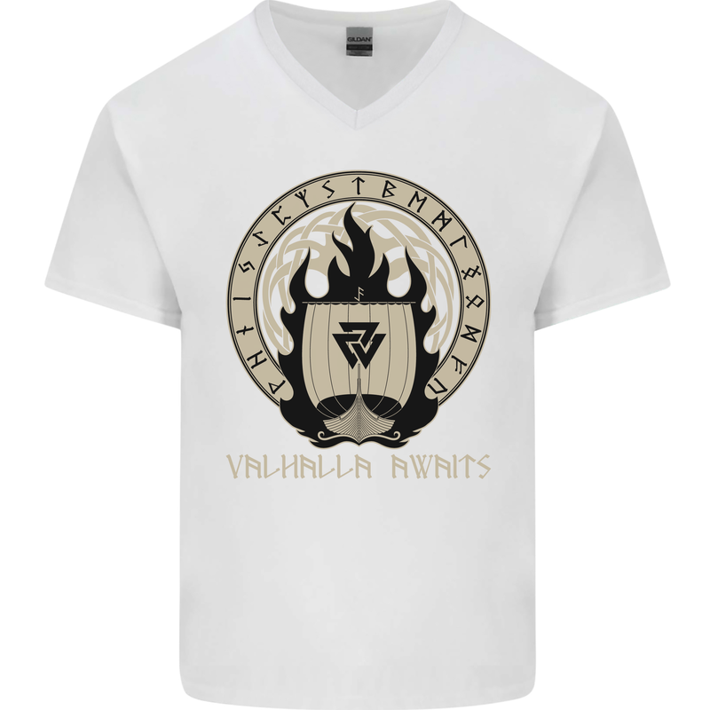 Vikings Valhalla Awaits Valknut Symbol Odin Mens V-Neck Cotton T-Shirt White