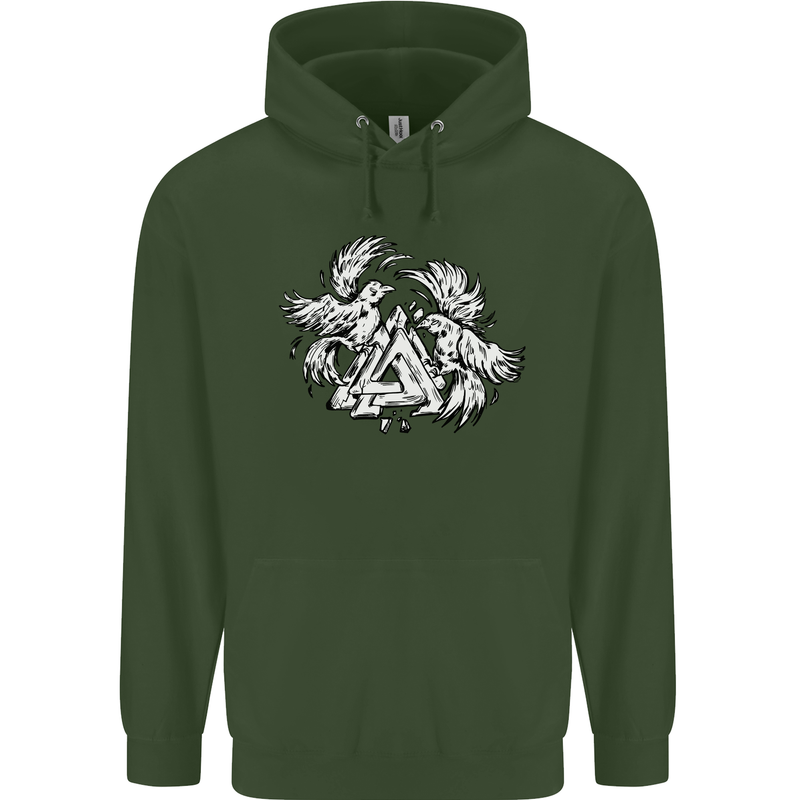 Vikings Valknut Symbol With Ravens Mens 80% Cotton Hoodie Forest Green
