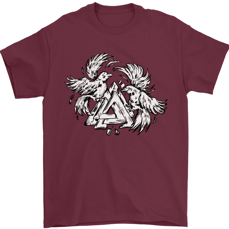 Vikings Valknut Symbol With Ravens Mens T-Shirt 100% Cotton Maroon