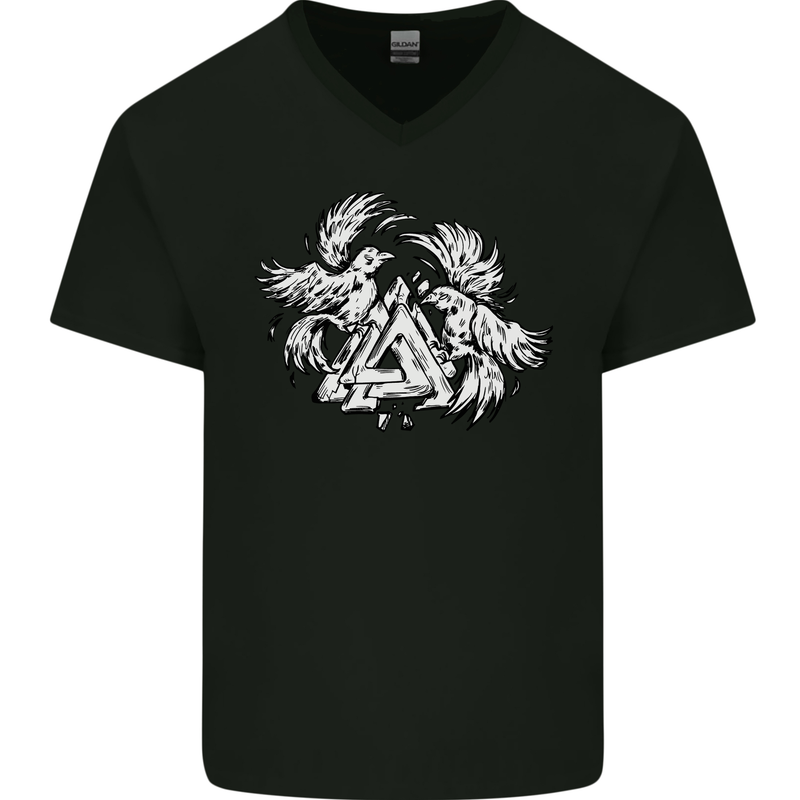 Vikings Valknut Symbol With Ravens Mens V-Neck Cotton T-Shirt Black