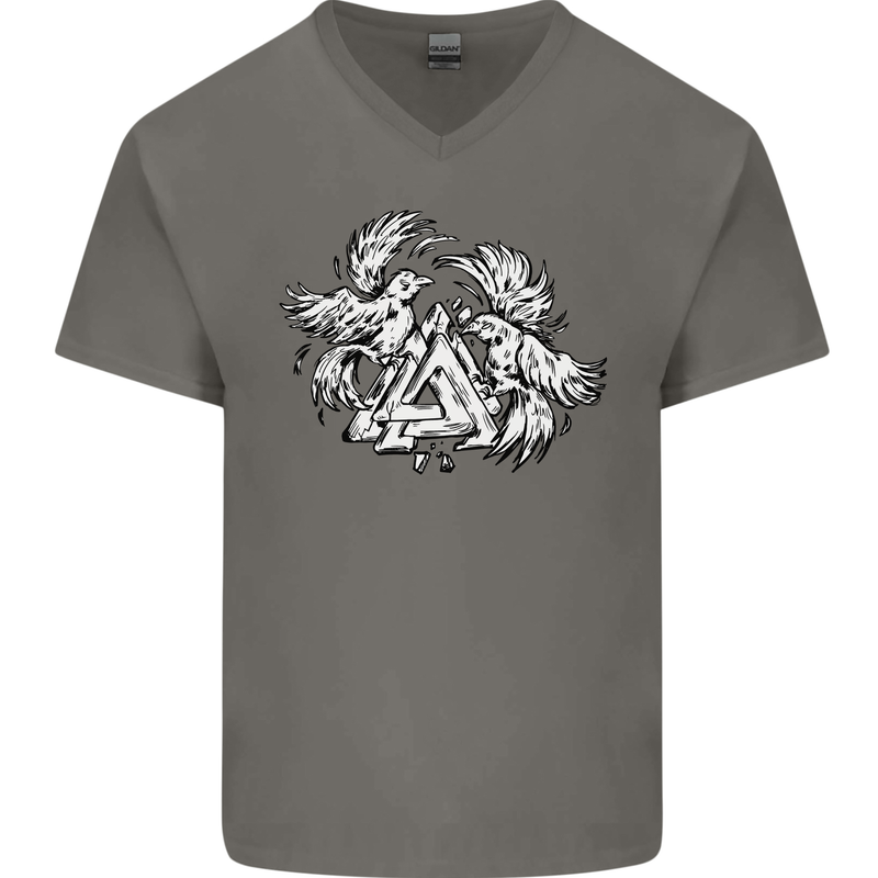 Vikings Valknut Symbol With Ravens Mens V-Neck Cotton T-Shirt Charcoal