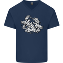Vikings Valknut Symbol With Ravens Mens V-Neck Cotton T-Shirt Navy Blue