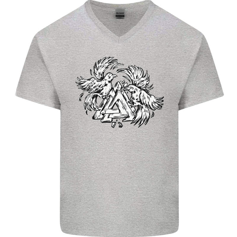 Vikings Valknut Symbol With Ravens Mens V-Neck Cotton T-Shirt Sports Grey