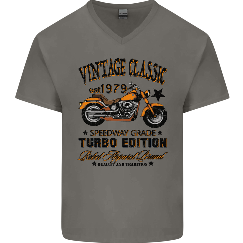 Vintage Classic Motorcycle Motorbike Biker Mens V-Neck Cotton T-Shirt Charcoal