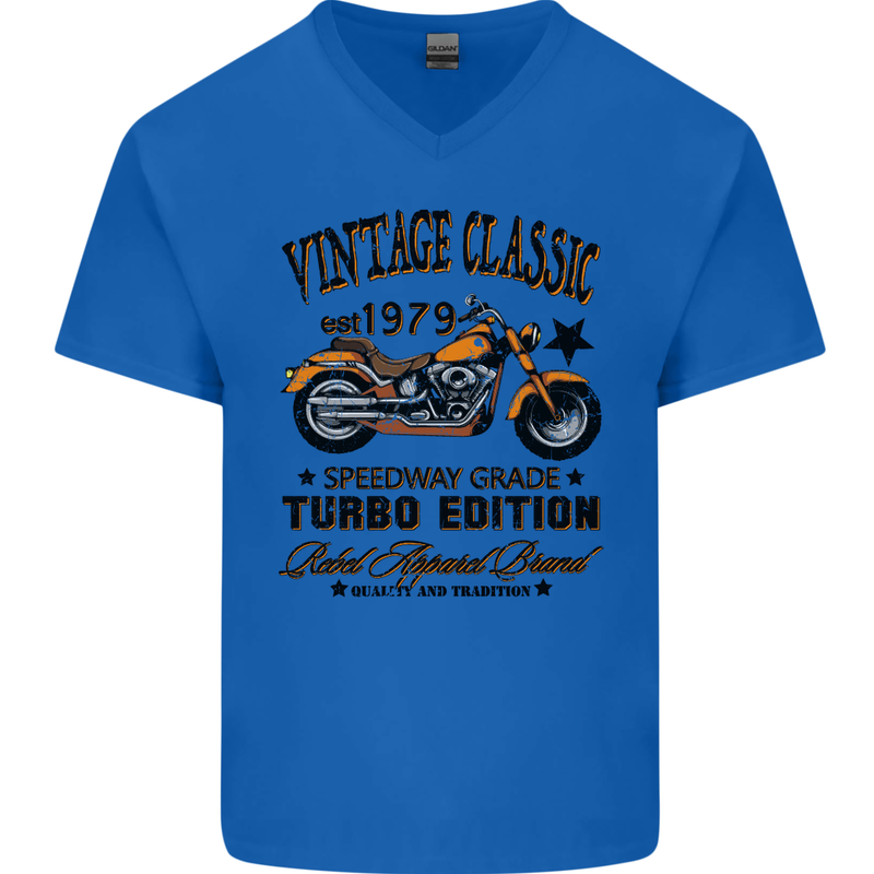 Vintage Classic Motorcycle Motorbike Biker Mens V-Neck Cotton T-Shirt Royal Blue