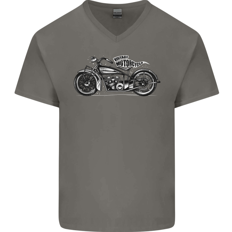 Vintage Motorcycle Custom Chopper Biker Mens V-Neck Cotton T-Shirt Charcoal
