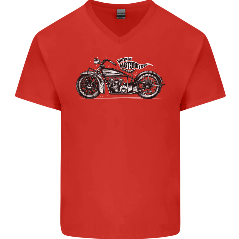 Vintage Motorcycle Custom Chopper Biker Mens V-Neck Cotton T-Shirt Red