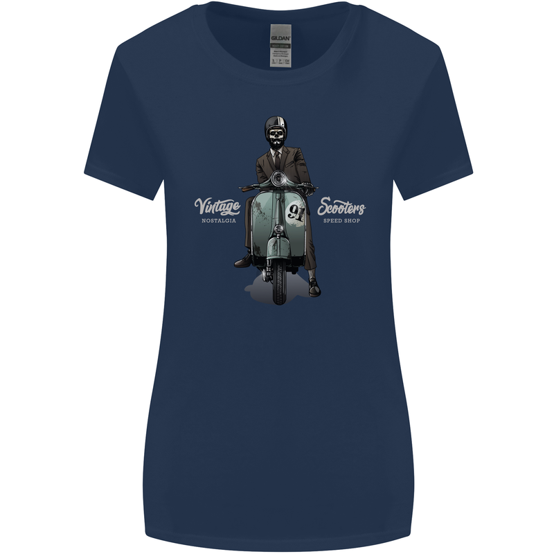 Vintage Scooters Nostalgia Speed Shop Womens Wider Cut T-Shirt Navy Blue