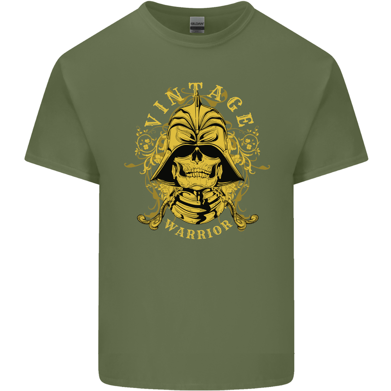 Vintage Warrior Samurai Bushido MMA Skull Mens Cotton T-Shirt Tee Top Military Green