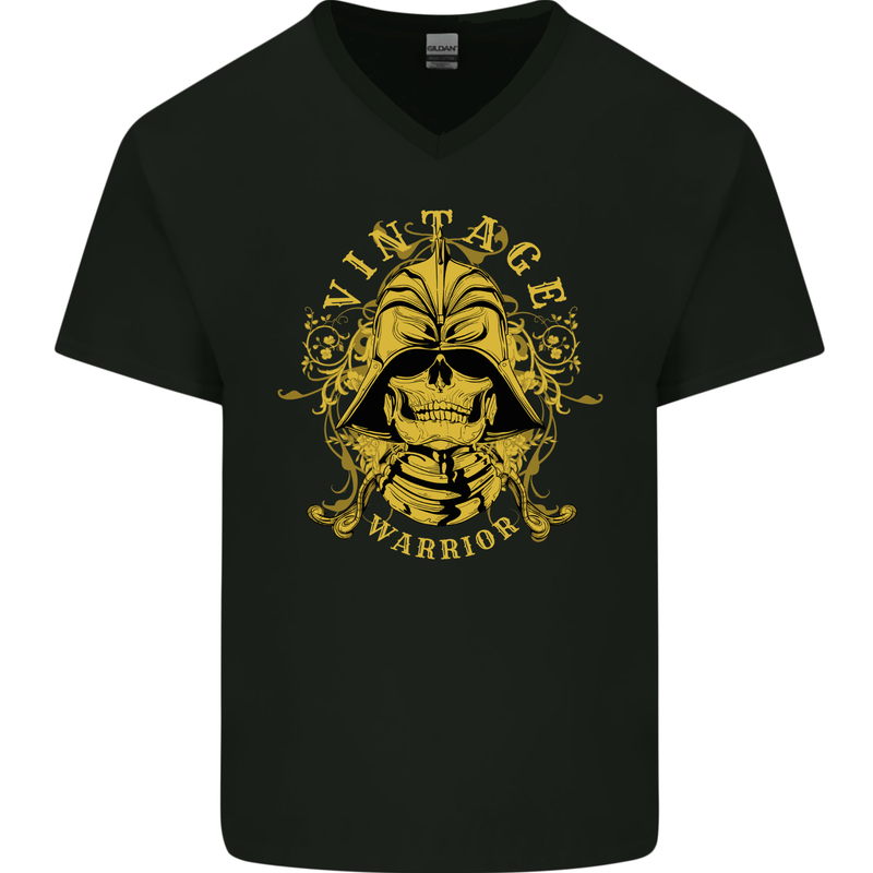 Vintage Warrior Samurai Bushido MMA Skull Mens V-Neck Cotton T-Shirt Black