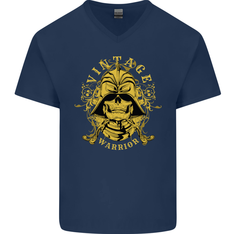 Vintage Warrior Samurai Bushido MMA Skull Mens V-Neck Cotton T-Shirt Navy Blue