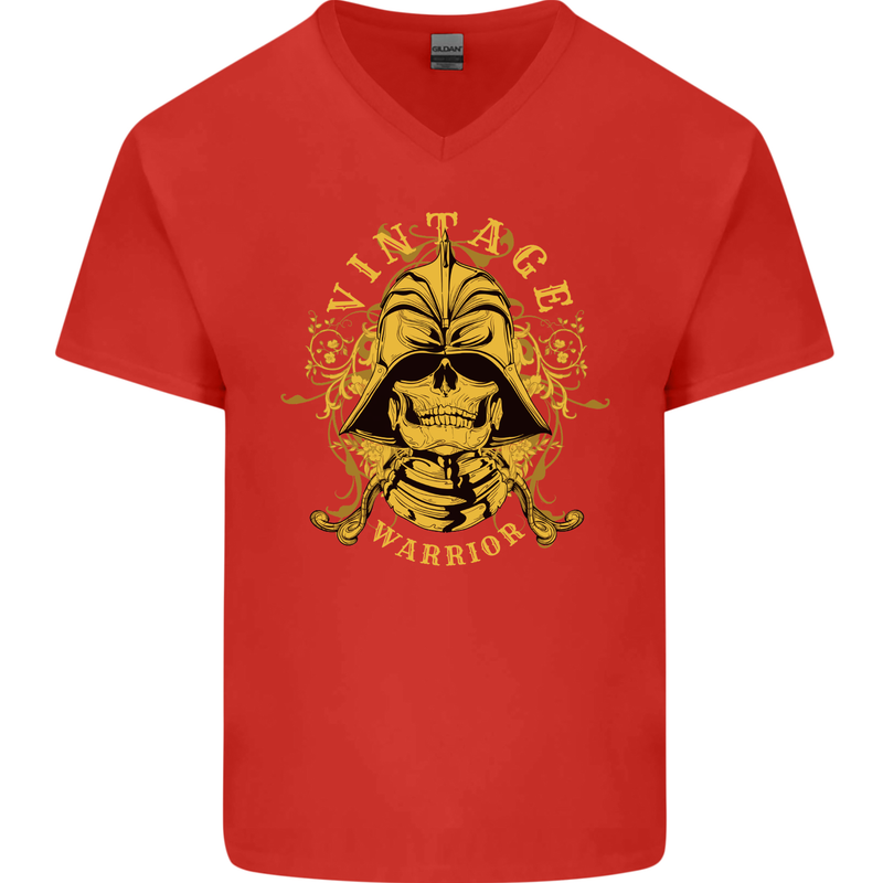 Vintage Warrior Samurai Bushido MMA Skull Mens V-Neck Cotton T-Shirt Red