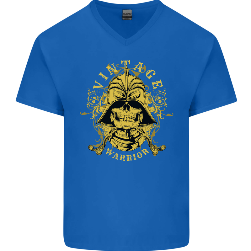 Vintage Warrior Samurai Bushido MMA Skull Mens V-Neck Cotton T-Shirt Royal Blue