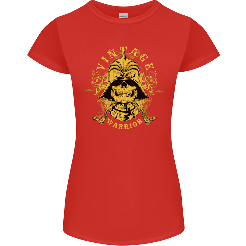 Vintage Warrior Samurai Bushido MMA Skull Womens Petite Cut T-Shirt Red