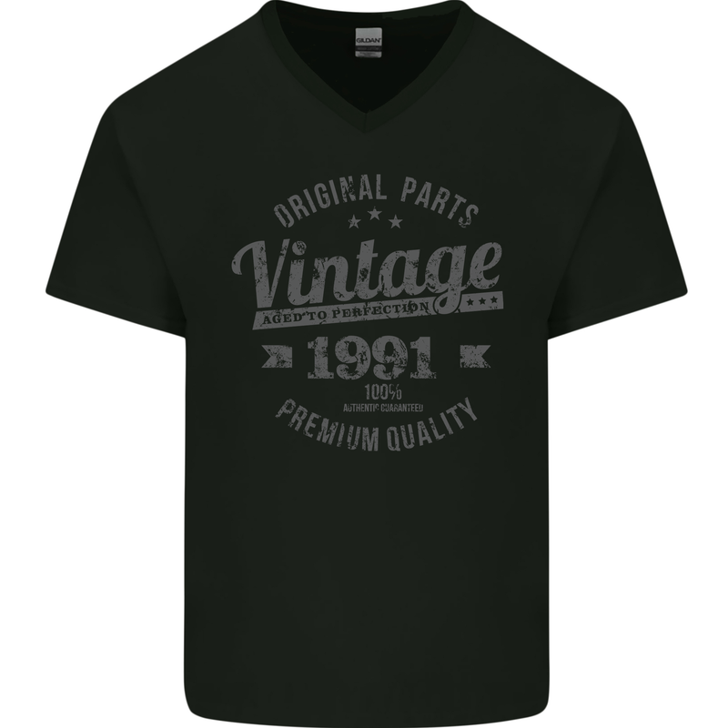 Vintage Year 32nd Birthday 1991 Mens V-Neck Cotton T-Shirt Black