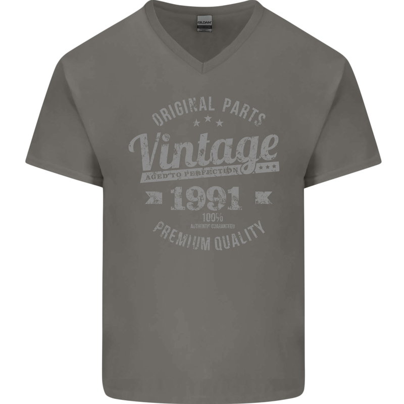 Vintage Year 32nd Birthday 1991 Mens V-Neck Cotton T-Shirt Charcoal