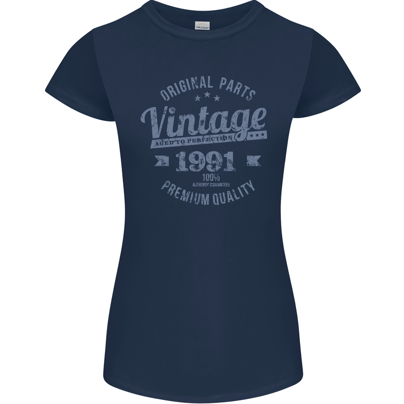 Vintage Year 32nd Birthday 1991 Womens Petite Cut T-Shirt Navy Blue