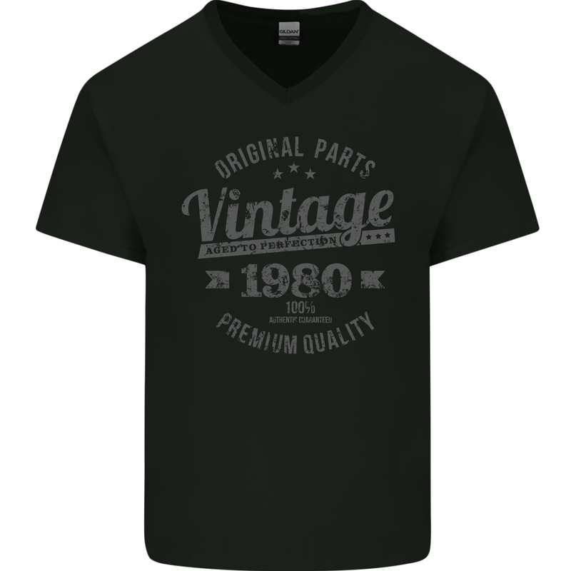 Vintage Year 43rd Birthday 1980 Mens V-Neck Cotton T-Shirt Black