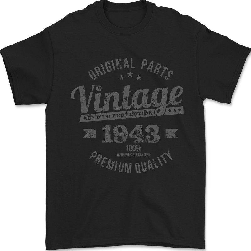Vintage Year 80th Birthday 1943 Mens T-Shirt 100% Cotton Black