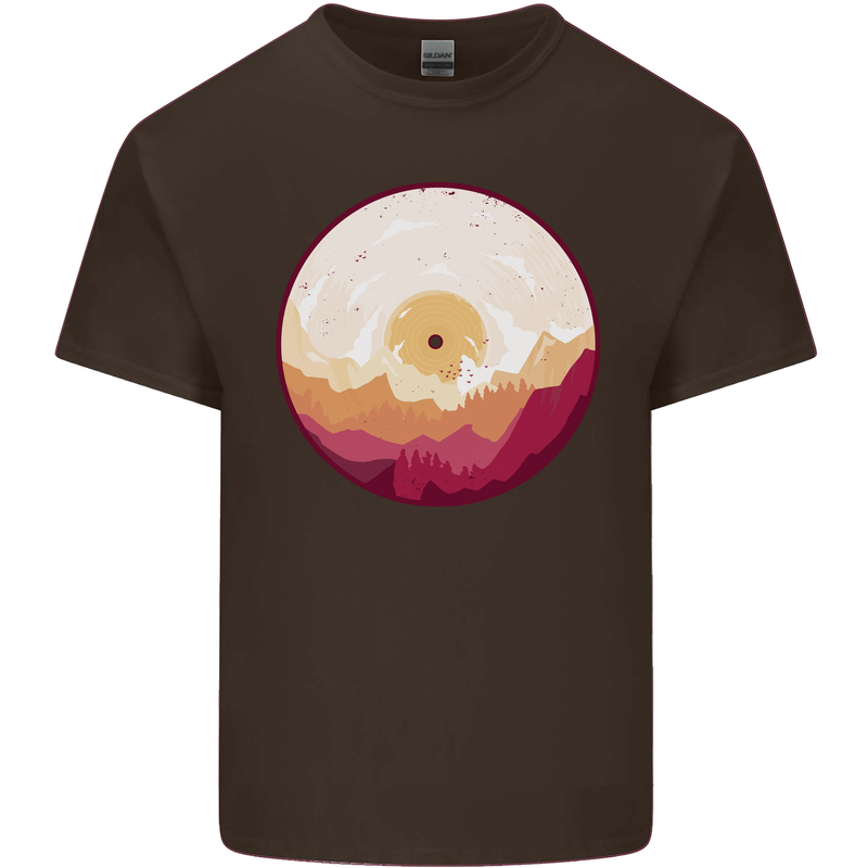 Vinyl Landscape Record Mountains DJ Decks Mens Cotton T-Shirt Tee Top Dark Chocolate