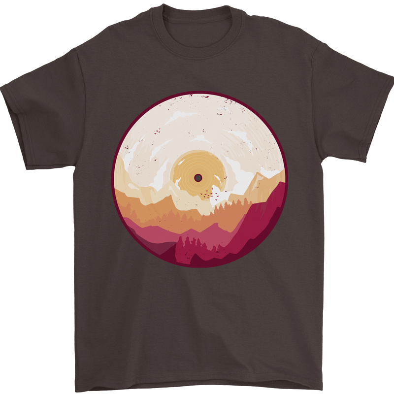 Vinyl Landscape Record Mountains DJ Decks Mens T-Shirt 100% Cotton Dark Chocolate