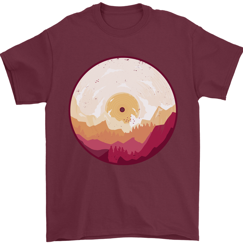 Vinyl Landscape Record Mountains DJ Decks Mens T-Shirt 100% Cotton Maroon