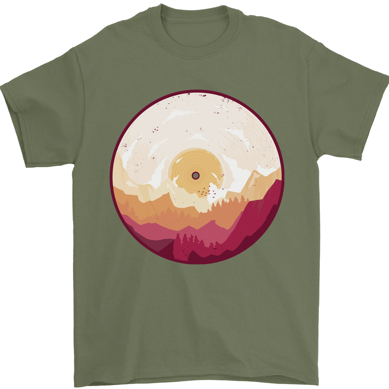 Vinyl Landscape Record Mountains DJ Decks Mens T-Shirt 100% Cotton Military Green