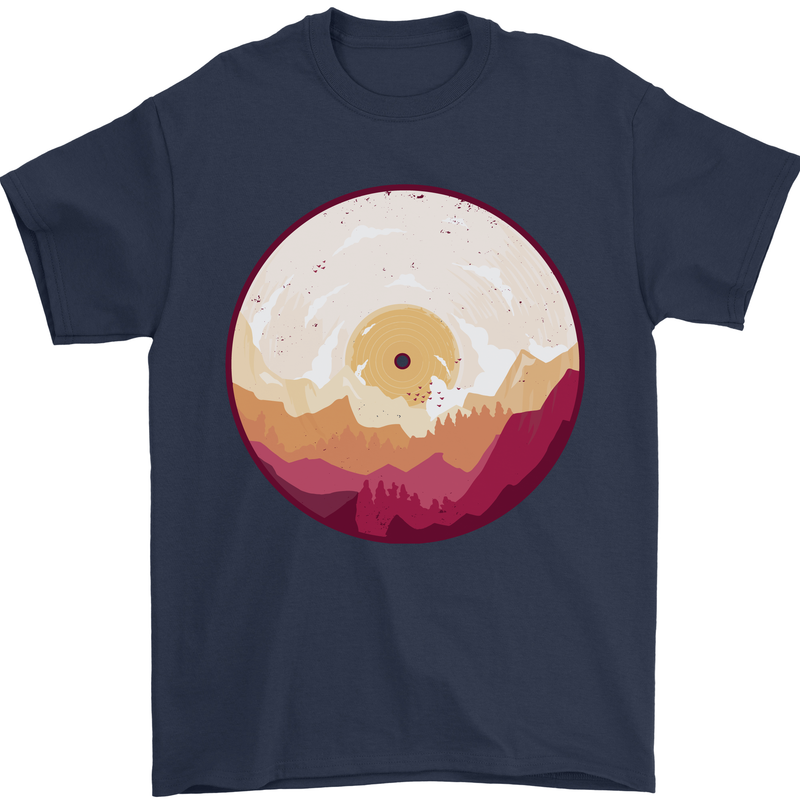 Vinyl Landscape Record Mountains DJ Decks Mens T-Shirt 100% Cotton Navy Blue