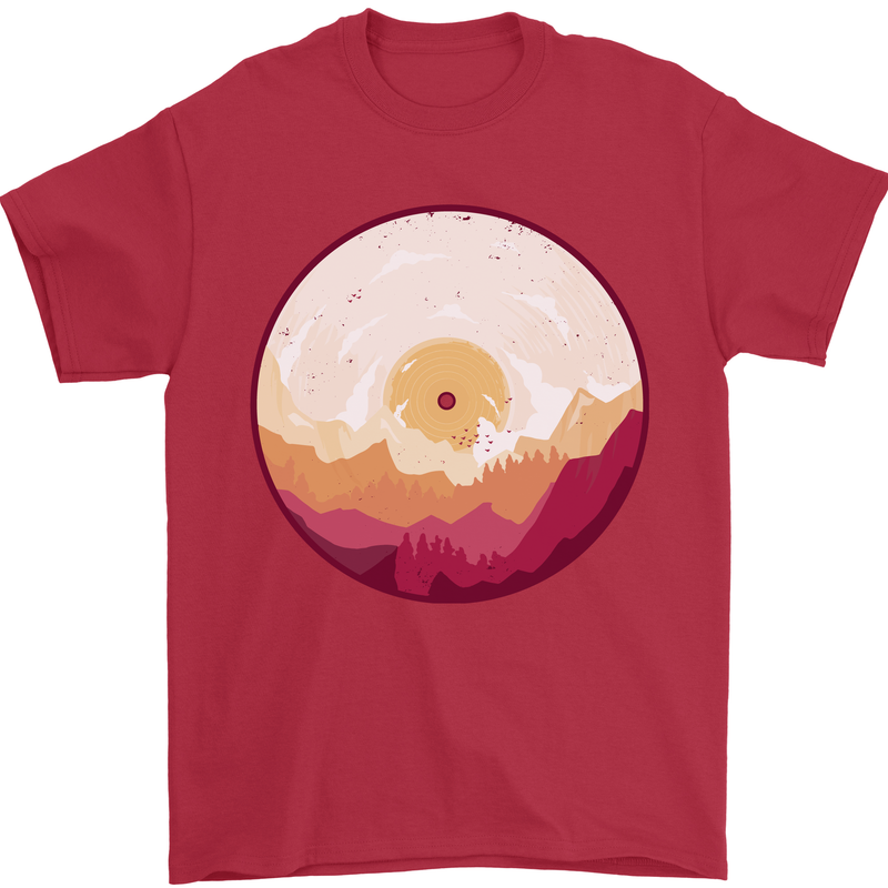 Vinyl Landscape Record Mountains DJ Decks Mens T-Shirt 100% Cotton Red