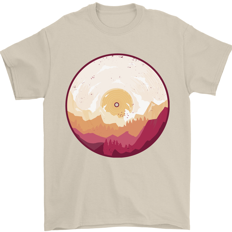 Vinyl Landscape Record Mountains DJ Decks Mens T-Shirt 100% Cotton Sand