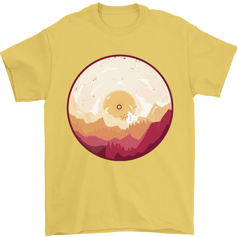 Vinyl Landscape Record Mountains DJ Decks Mens T-Shirt 100% Cotton Yellow