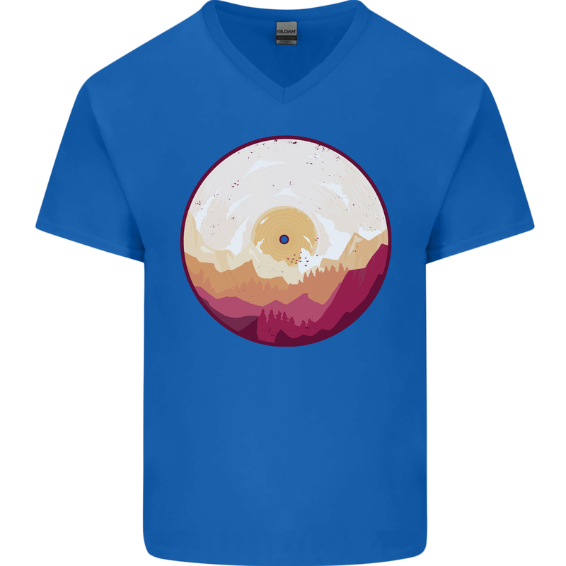 Vinyl Landscape Record Mountains DJ Decks Mens V-Neck Cotton T-Shirt Royal Blue