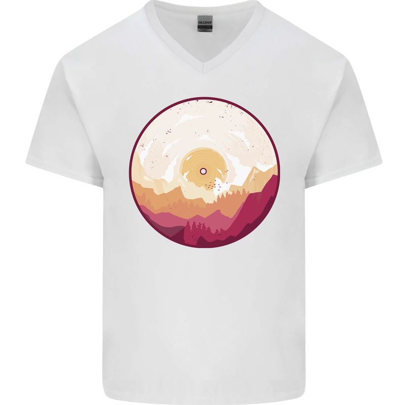 Vinyl Landscape Record Mountains DJ Decks Mens V-Neck Cotton T-Shirt White