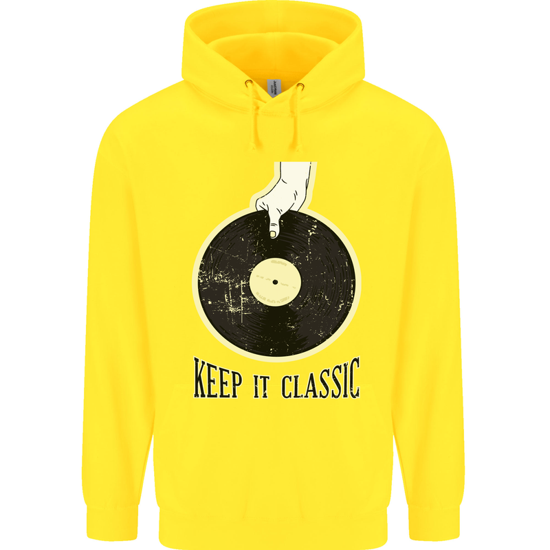 Vinyl Records Keep it Classic DJ Decks Childrens Kids Hoodie Yellow
