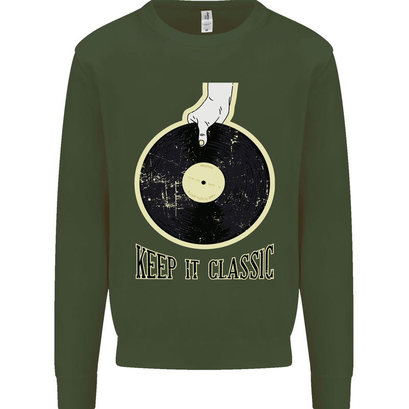 Vinyl Records Keep it Classic DJ Decks Kids Sweatshirt Jumper Forest Green