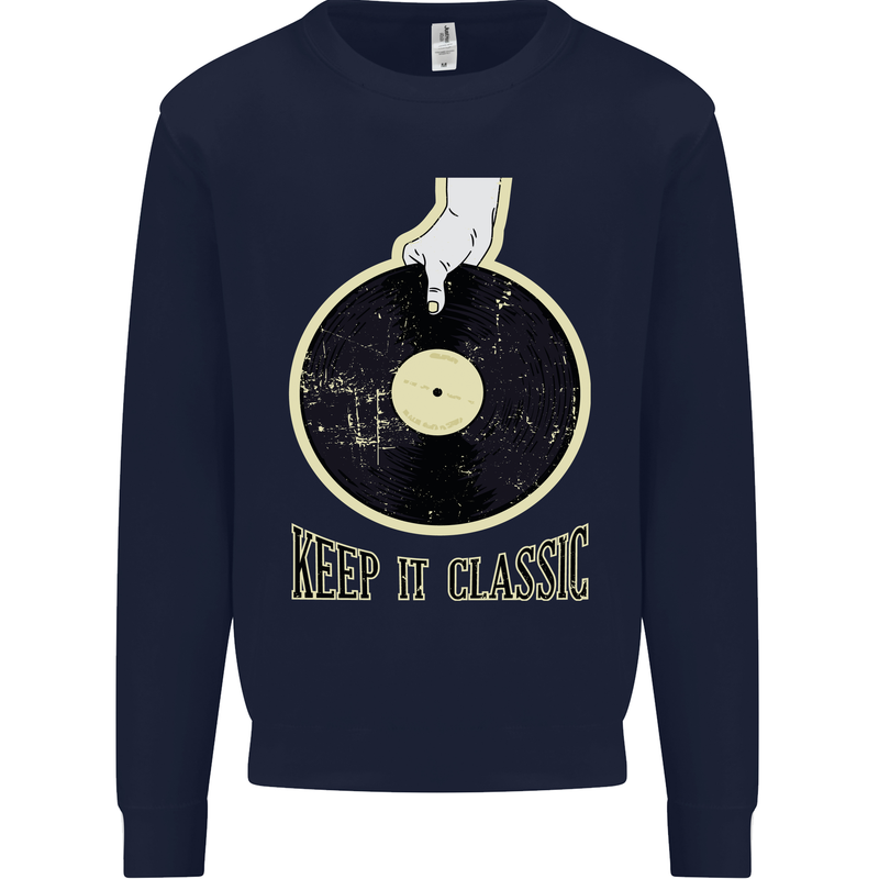 Vinyl Records Keep it Classic DJ Decks Kids Sweatshirt Jumper Navy Blue