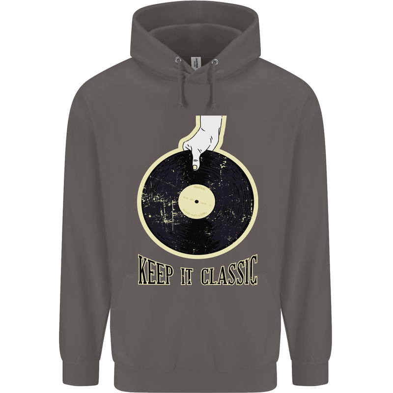 Vinyl Records Keep it Classic DJ Decks Mens 80% Cotton Hoodie Charcoal