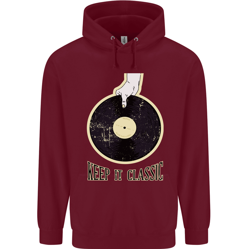 Vinyl Records Keep it Classic DJ Decks Mens 80% Cotton Hoodie Maroon