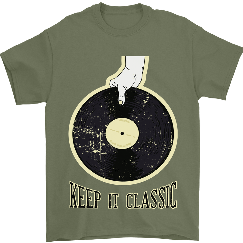 Vinyl Records Keep it Classic DJ Decks Mens T-Shirt 100% Cotton Military Green