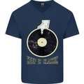 Vinyl Records Keep it Classic DJ Decks Mens V-Neck Cotton T-Shirt Navy Blue