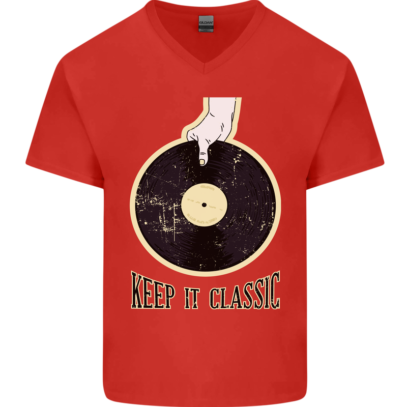 Vinyl Records Keep it Classic DJ Decks Mens V-Neck Cotton T-Shirt Red