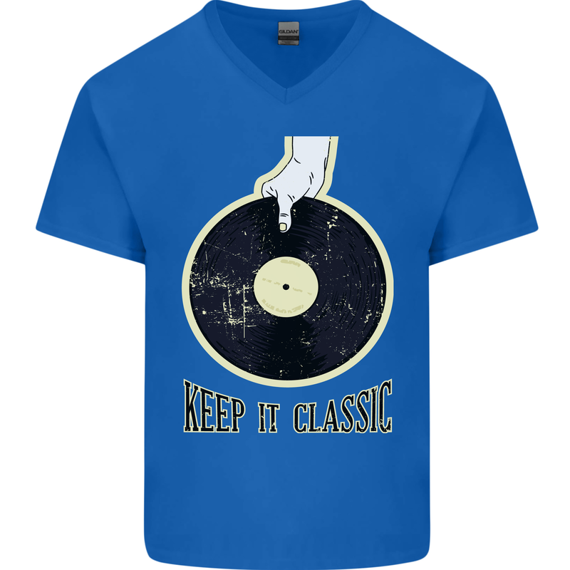 Vinyl Records Keep it Classic DJ Decks Mens V-Neck Cotton T-Shirt Royal Blue